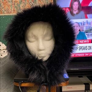 Real fox fur navy nylon waterproof Hood with drawstring fasteners